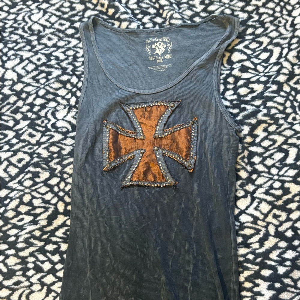 Gray Sleeveless Tank Top with Distressed Cross Design